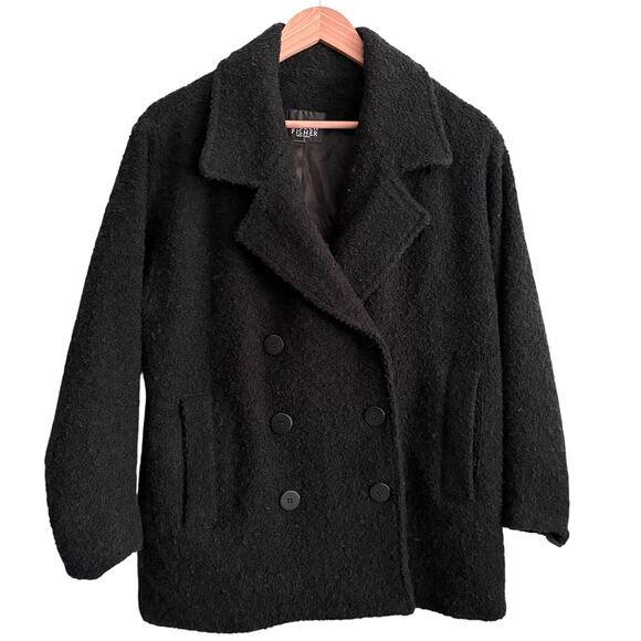 Eileen Fisher Nubby Wool Coat M MP PM Black Pea Coat Jacket Button Capsule - Picture 1 of 4